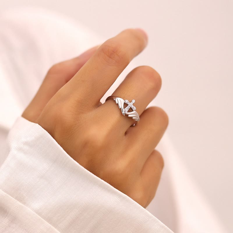 Christianartworkshop Silver Cross Wing Ring with Cubic Zirconia Accents: Embody His Angelic Protection - Silver（ Suitable for US sizes 5-9） - image 2