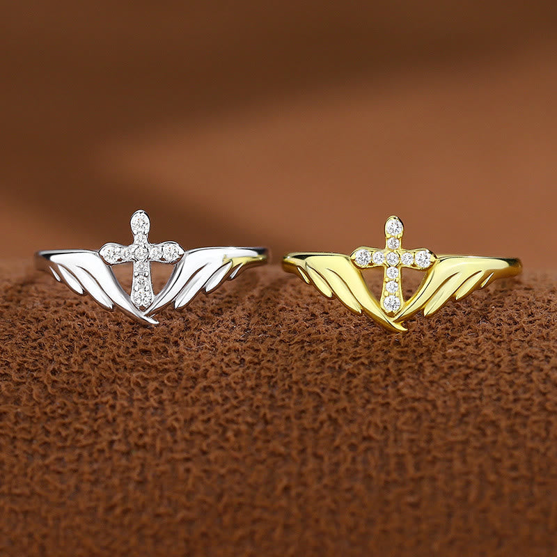 Christianartworkshop Silver Cross Wing Ring with Cubic Zirconia Accents: Embody His Angelic Protection - image 0