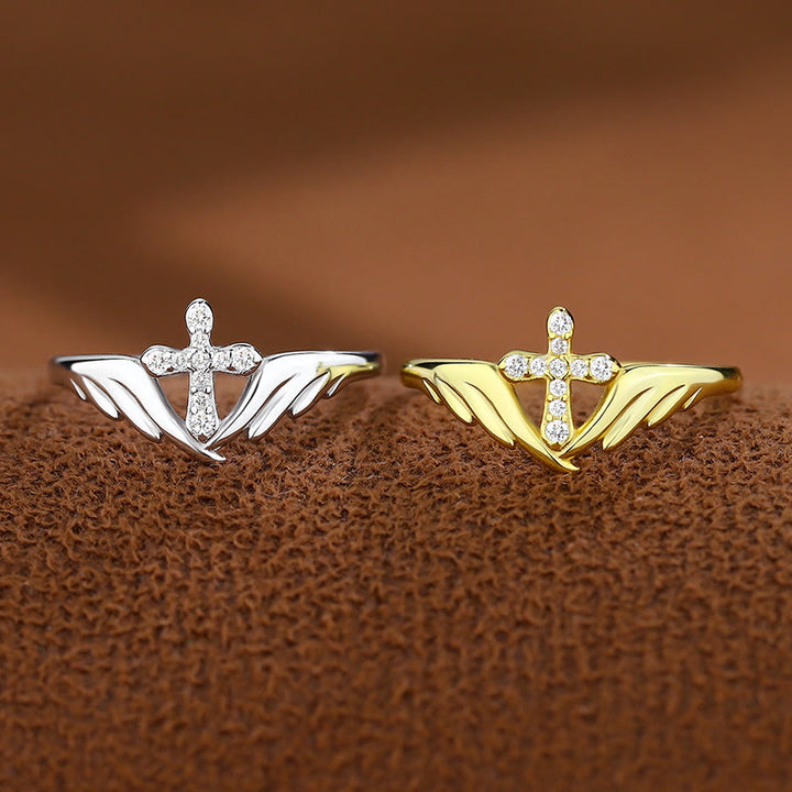 Christianartworkshop Silver Cross Wing Ring with Cubic Zirconia Accents: Embody His Angelic Protection - image 0