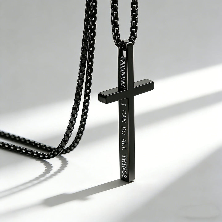 Christianartworkshop Cross Necklace with I Can Do All Things Inscription: Stylish Reminder of His Tender Strength - Black - image 0