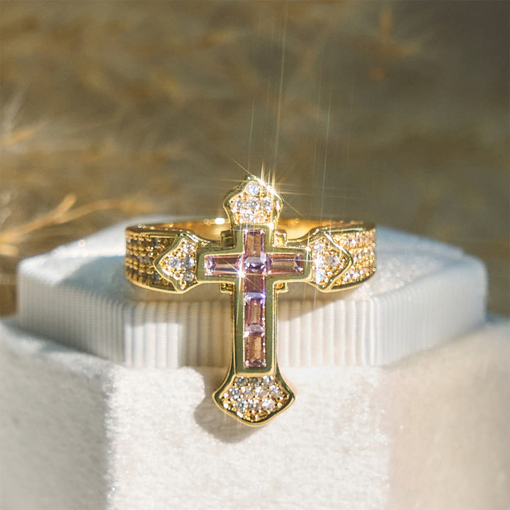 Christianartworkshop Central Cross Motif Ring with Cubic Zirconia Accents: Carry His Care in Daily Wear - Golden & Purple Zircon - US 11 - image 2