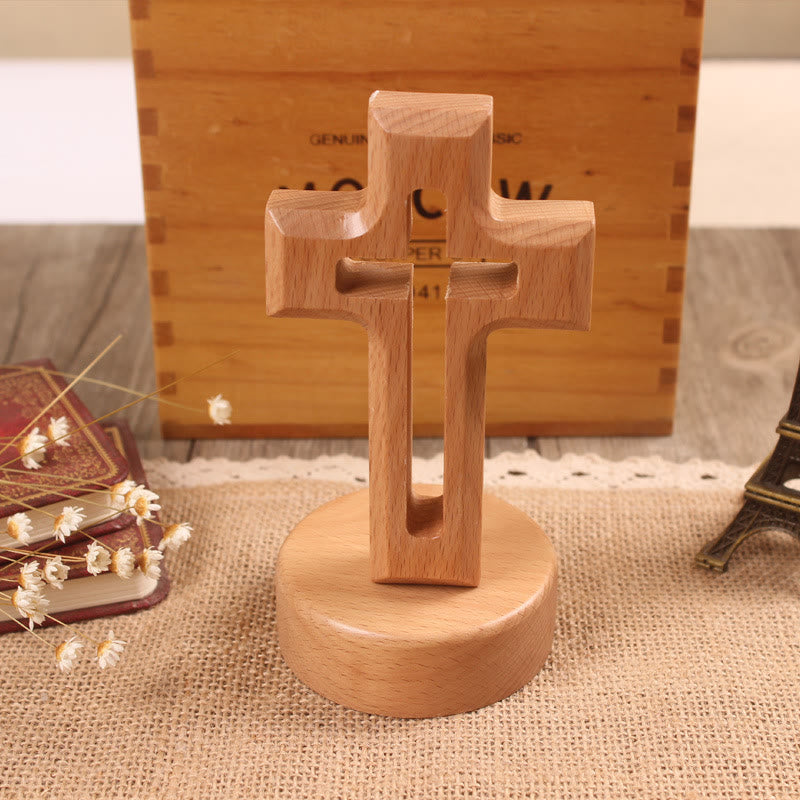 Christianartworkshop Wood Desktop Cross Ornament with Round/Floral Base: Embody His Quiet Peace at Work - Cross A & Round Base - Light - image 0