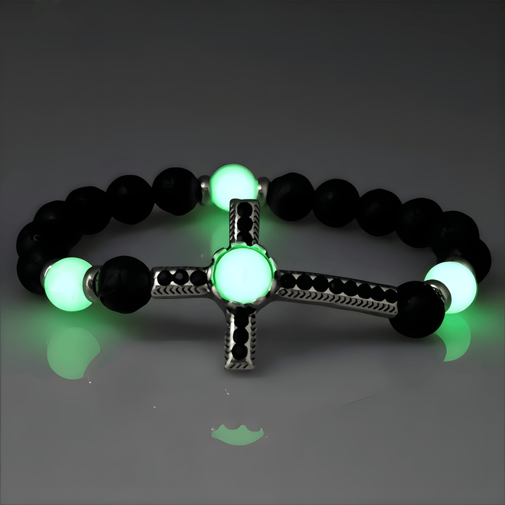 Christianartworkshop Volcanic Stone Bracelet with Glow-in-the-Dark Cross: Embody His Luminous Grace - Black & Green - image 3