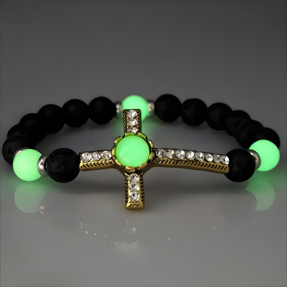 Christianartworkshop Volcanic Stone Bracelet with Glow-in-the-Dark Cross: Embody His Luminous Grace - Green & Golden - image 6