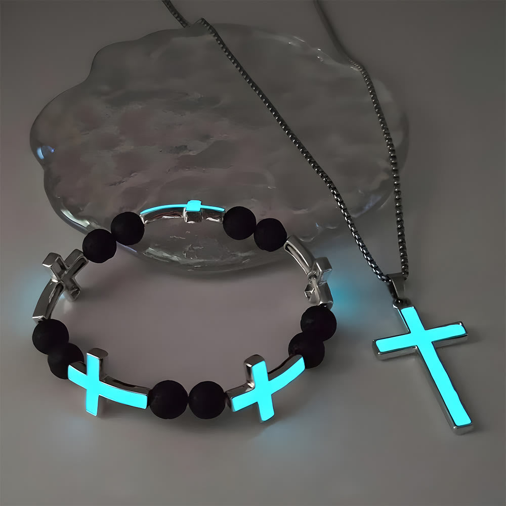 Christianartworkshop Luminous Cross Necklace & Beaded Bracelet Set: Remind of His Quiet Light - Cyan-blue Set of 2 - image 3