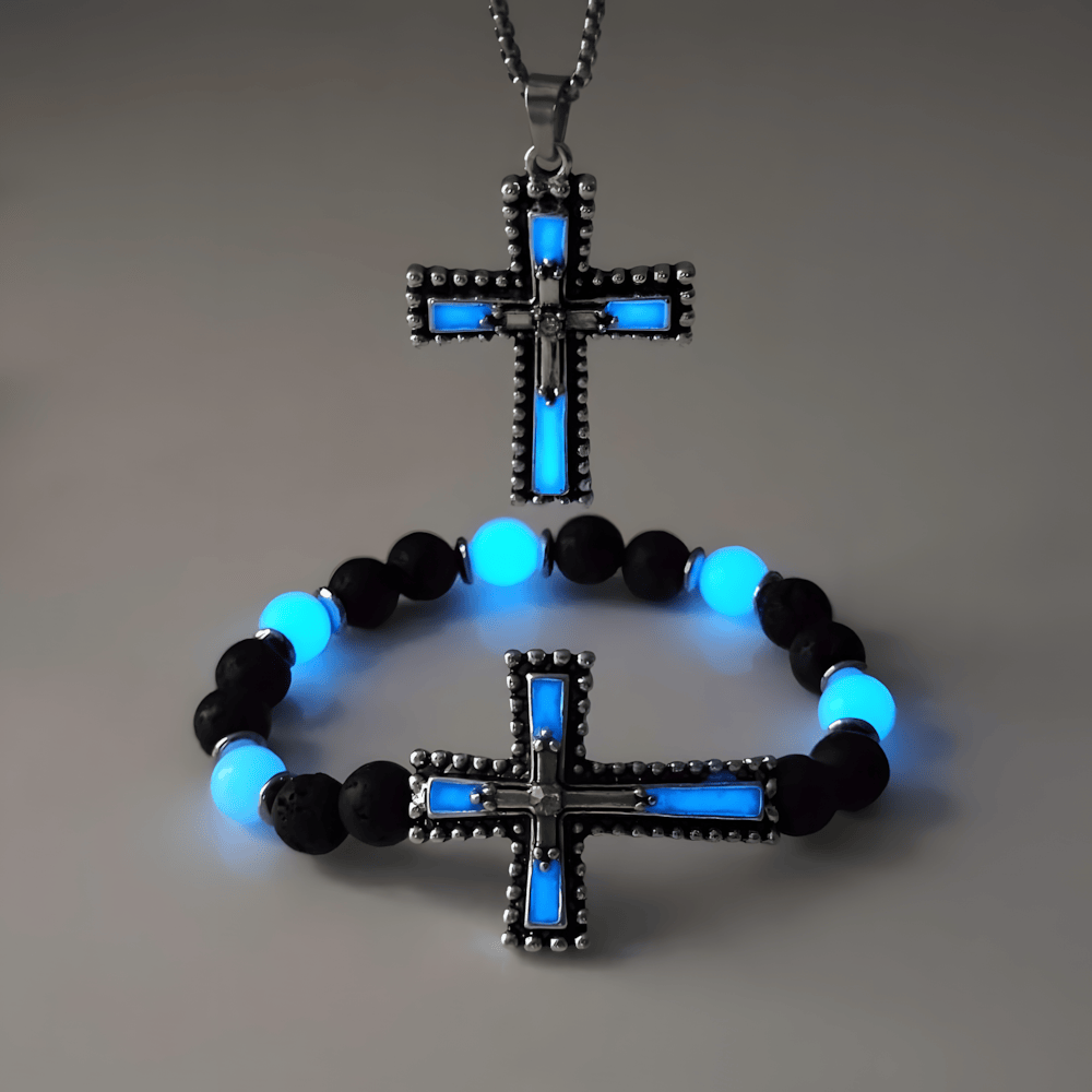 Christianartworkshop Glow-in-the-Dark Cross Jewelry Set with Volcanic Stone: Hold His Grace Close After Dark - image 2