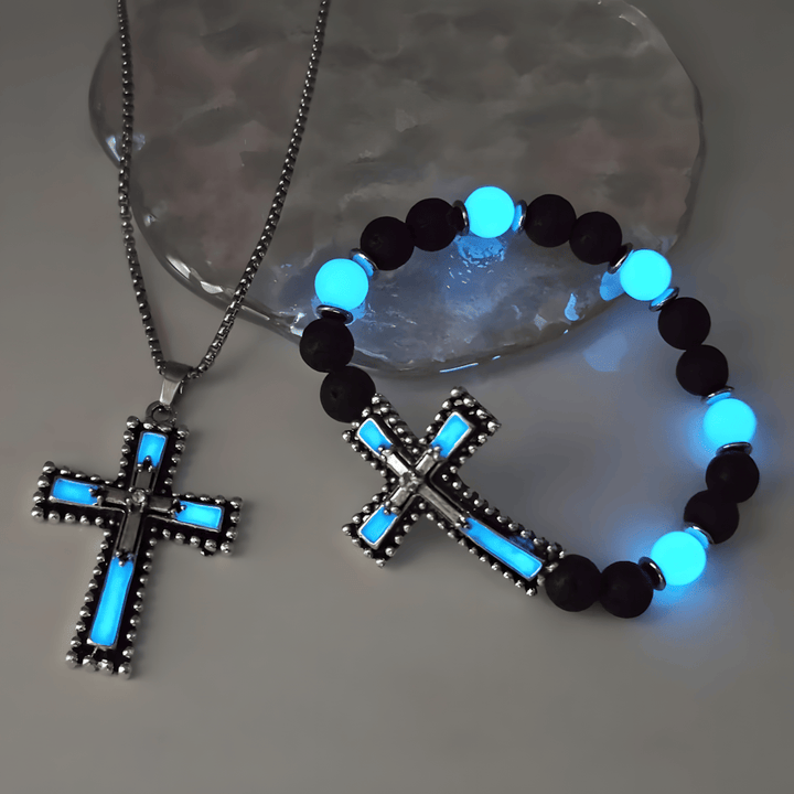 Christianartworkshop Glow-in-the-Dark Cross Jewelry Set with Volcanic Stone: Hold His Grace Close After Dark - Blue Set of 2 - image 0