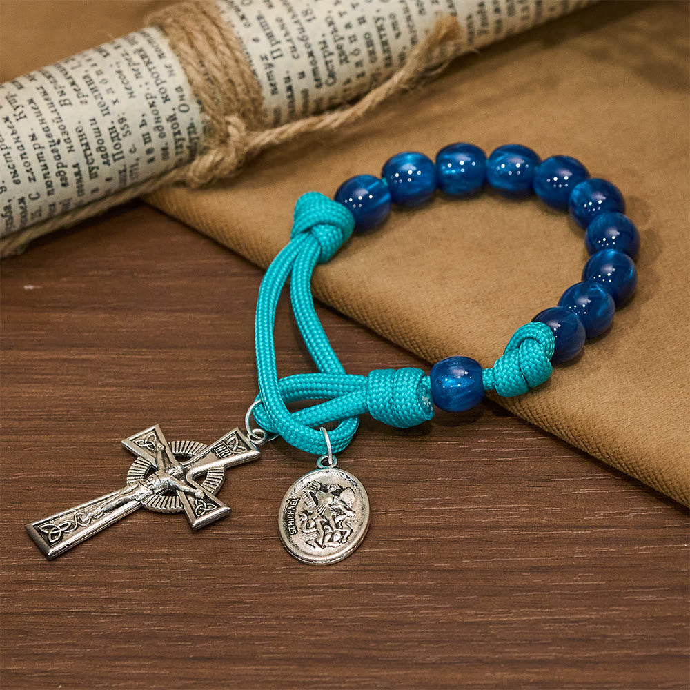 Christianartworkshop Navy Beads & Turquoise Cord Pocket Rosary with St. Michael Devotion - St. Micheal & Crucifix - image 0