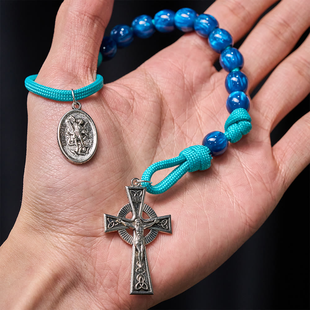 Christianartworkshop Navy Beads & Turquoise Cord Pocket Rosary with St. Michael Devotion - image 1