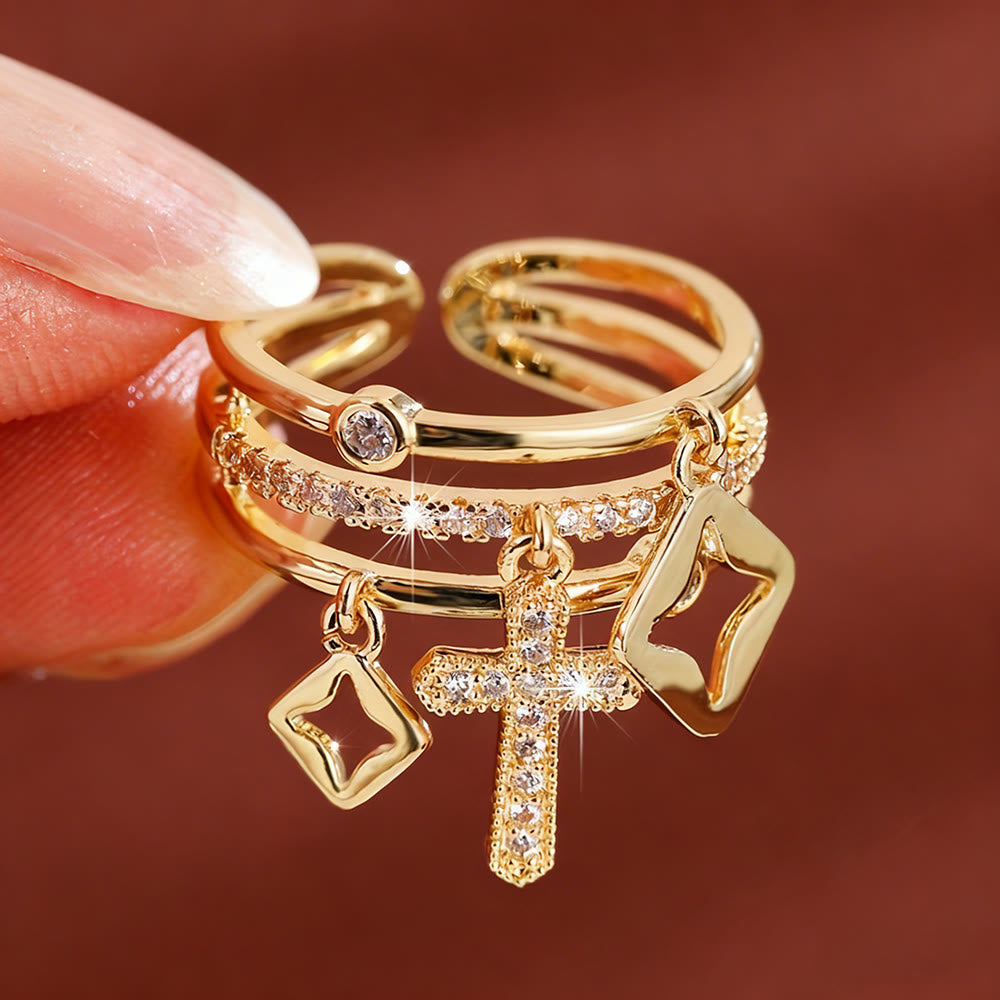 Christianartworkshop Shimmering Cross Charm Layered Band Ring: Remind of His Quiet Peace - Golden(Suitable for US sizes 6-11) - image 0