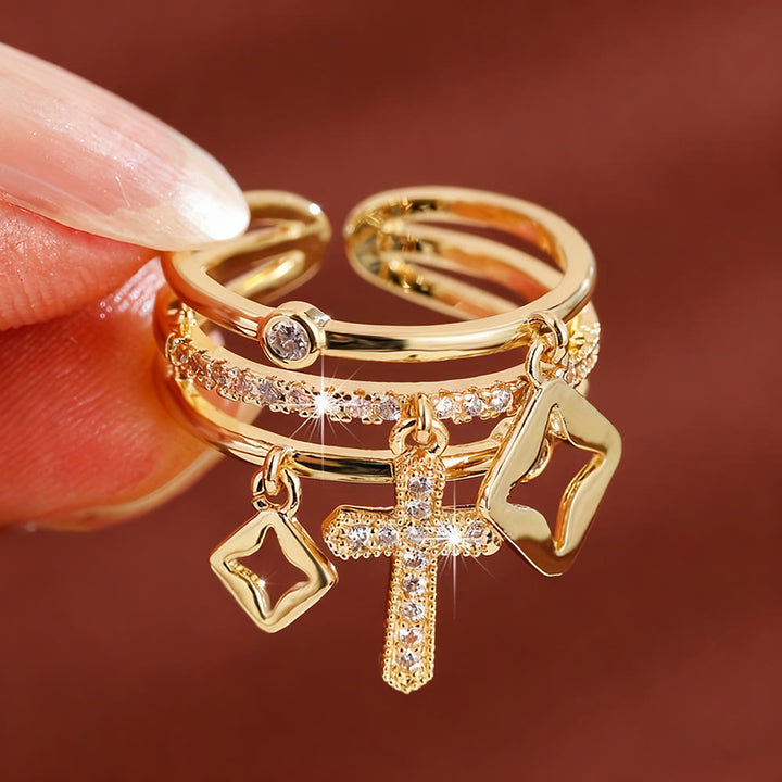 Christianartworkshop Shimmering Cross Charm Layered Band Ring: Remind of His Quiet Peace - Golden(Suitable for US sizes 6-11) - image 0
