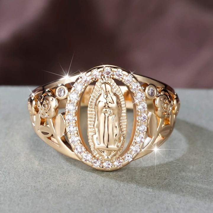 Christianartworkshop Our Lady Ring with Encircled Zircons & Floral Accents: Embody Her Tender Grace - US 10 - image 0