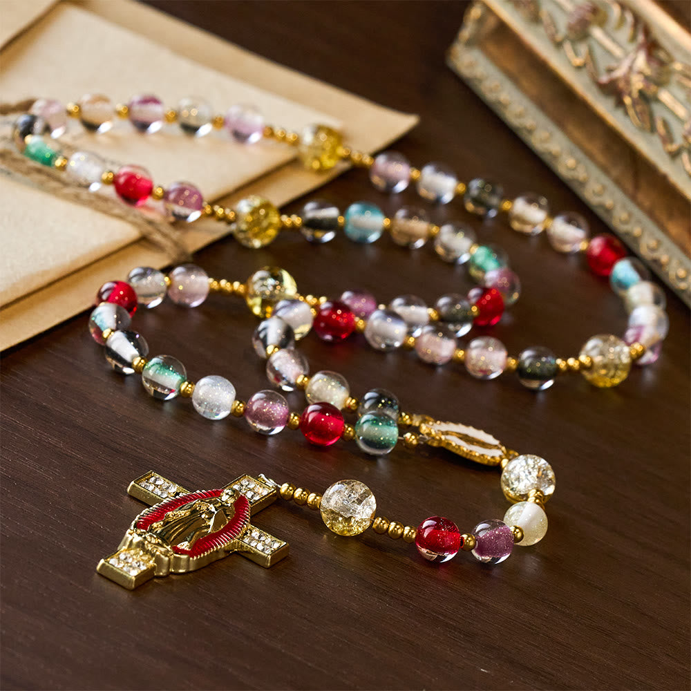 Christianartworkshop Rainbow Shimmer Cat's Eye Rosary with Our Lady Devotional Cross - image 3
