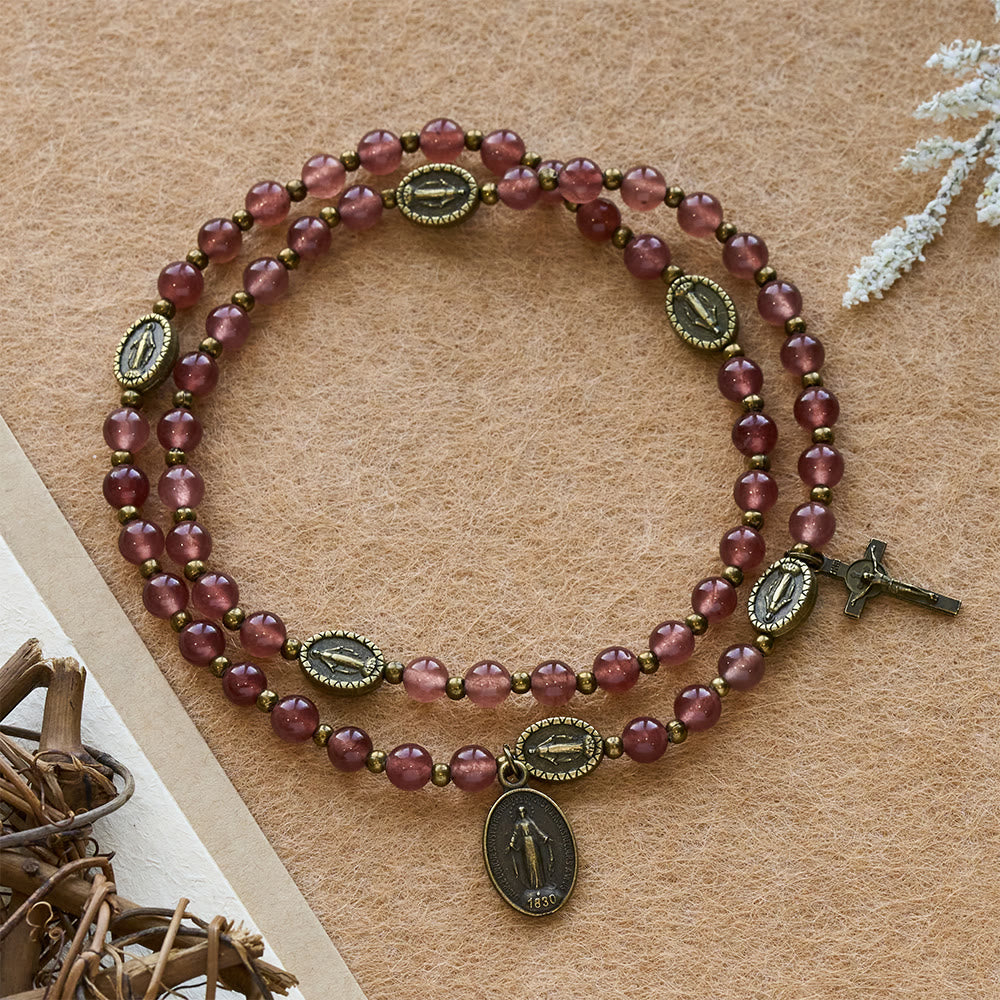 Christianartworkshop Vintage Strawberry Quartz Bracelet with Miraculous Medal Sacred Devotion - Strawberry Quartz - image 0