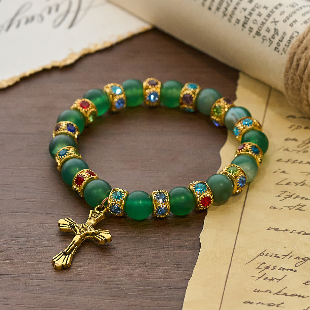 Christianartworkshop Frosted Green Agate & White Glass Cross Bracelet: Gentle Faith in Luminous Texture - image 8