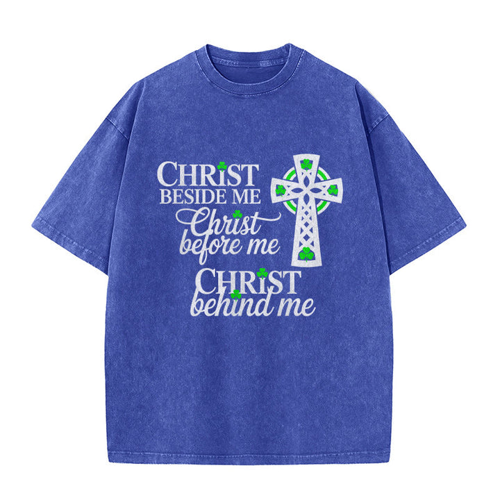Christianartworkshop Christ Beside Me Celtic Cross Unisex Washed T-Shirt: Wear His Ever-Presence - Blue - 5XL - image 7