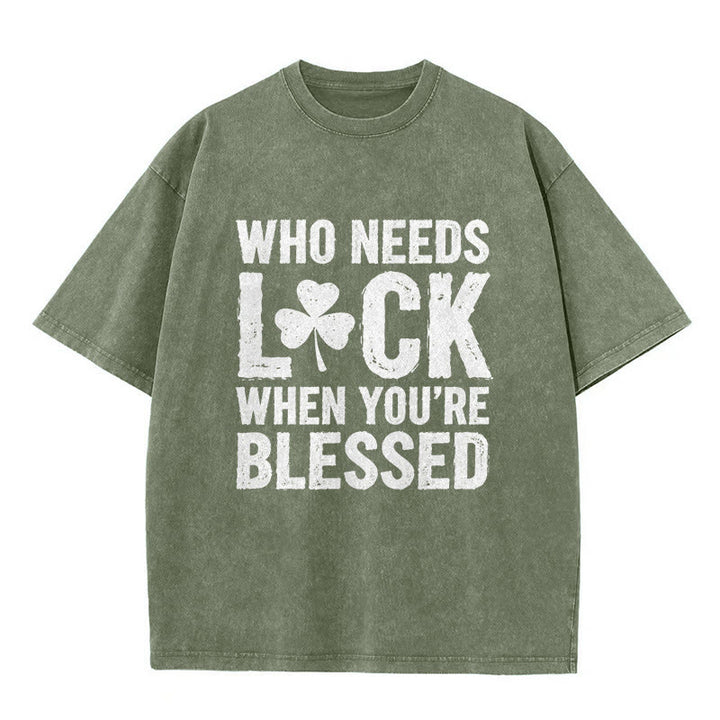 Christianartworkshop Who Needs Luck When You're Blessed Shamrock Unisex Washed T-Shirt - Army Green - 5XL - image 9