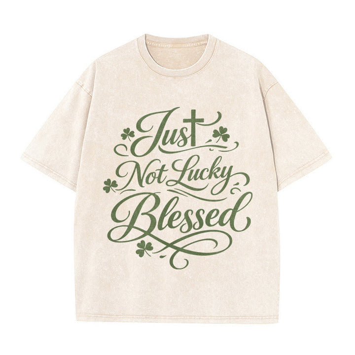 Christianartworkshop Just Not Lucky, Blessed Cross & Shamrock Unisex Washed T-Shirt - Beige - 5XL - image 6