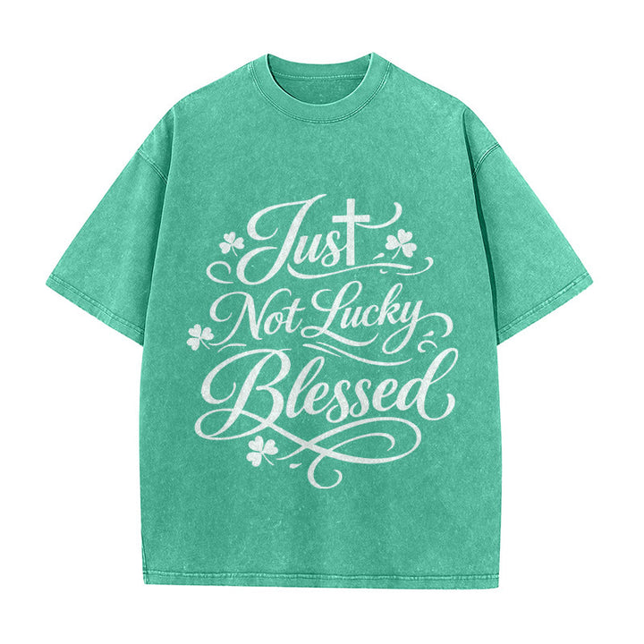 Christianartworkshop Just Not Lucky, Blessed Cross & Shamrock Unisex Washed T-Shirt - Green - 5XL - image 5