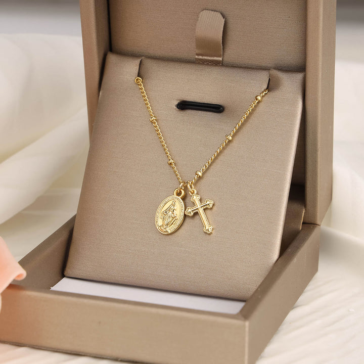Christianartworkshop Cross & Our Lady Dual Pendant Golden Necklace: Embody His Grace and Maternal Care - image 2