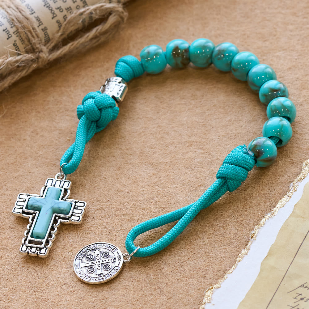 Christianartworkshop Turquoise Acrylic Bead Pocket Rosary with St. Benedict Medal & Inlaid Cross - image 4