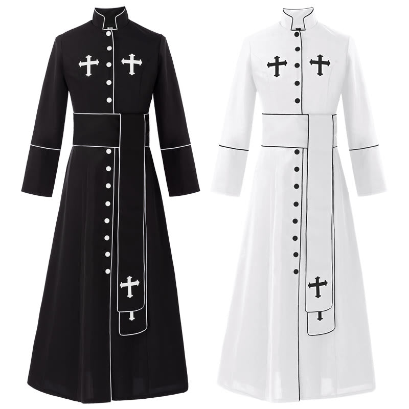 Christianartworkshop Ceremonial Black and White Stand Collar Clergy Robe Cassock with Belt & Cross Motifs - image 1