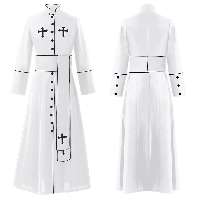 Christianartworkshop Ceremonial Black and White Stand Collar Clergy Robe Cassock with Belt & Cross Motifs - White - 3XL - image 2