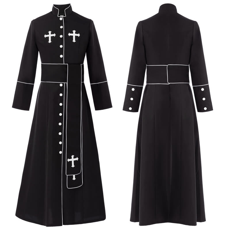 Christianartworkshop Ceremonial Black and White Stand Collar Clergy Robe Cassock with Belt & Cross Motifs - Black - 3XL - image 3