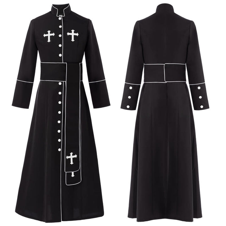 Christianartworkshop Ceremonial Black and White Stand Collar Clergy Robe Cassock with Belt & Cross Motifs - Black - 3XL - image 3