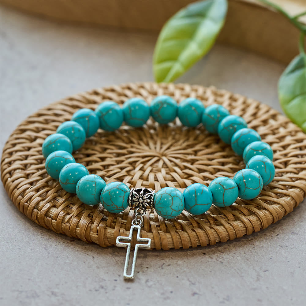 Christianartworkshop 10mm Turquoise Beads Christian Cross Bracelet - Silver - image 1
