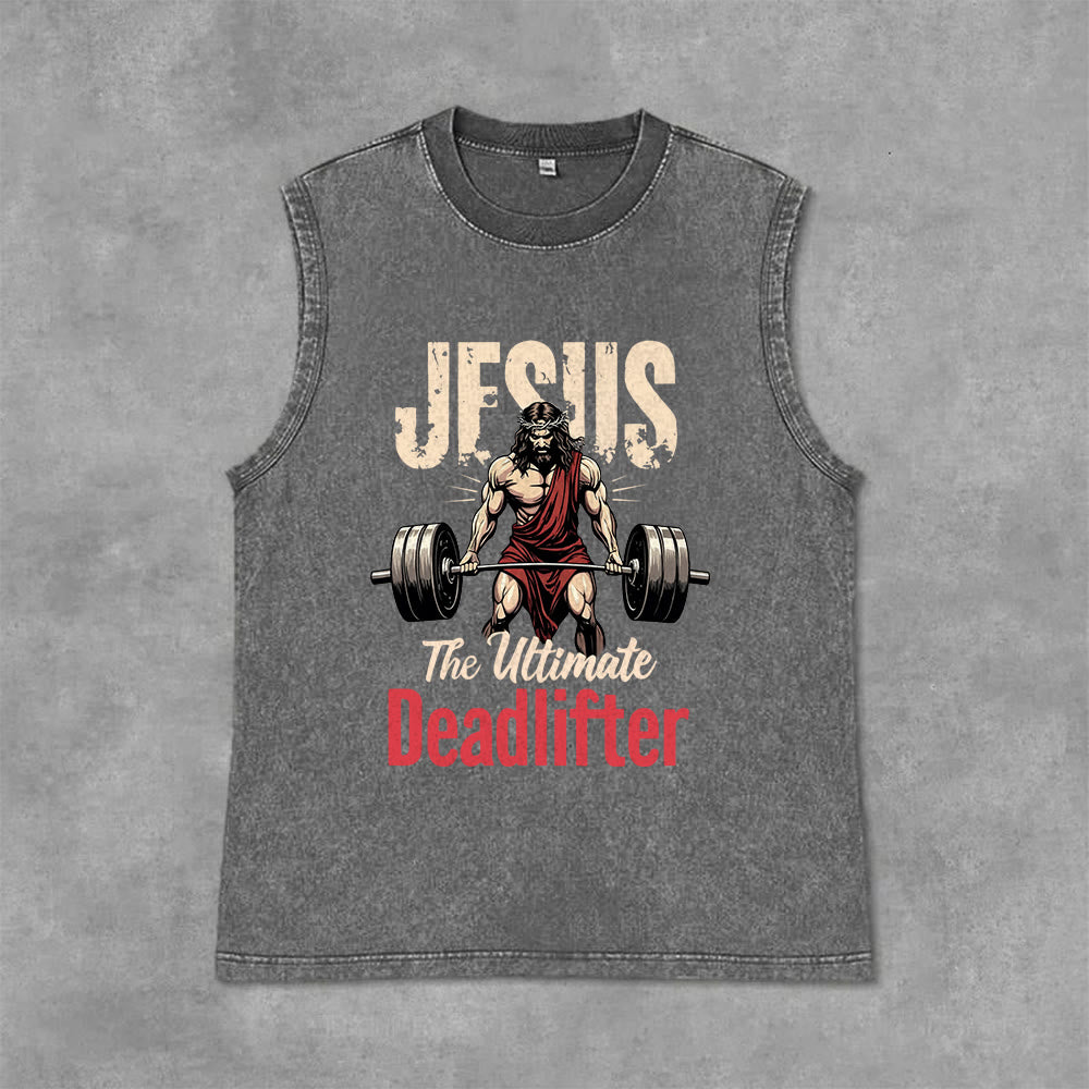 Christianartworkshop Jesus The Ultimate Deadlifter Unisex Washed Tank Top - Grey - 2XL - image 9