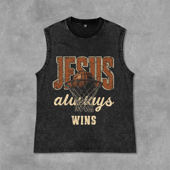 Christianartworkshop Jesus Always Wins Basketball Unisex Washed Tank Top - Black - 2XL - image 6