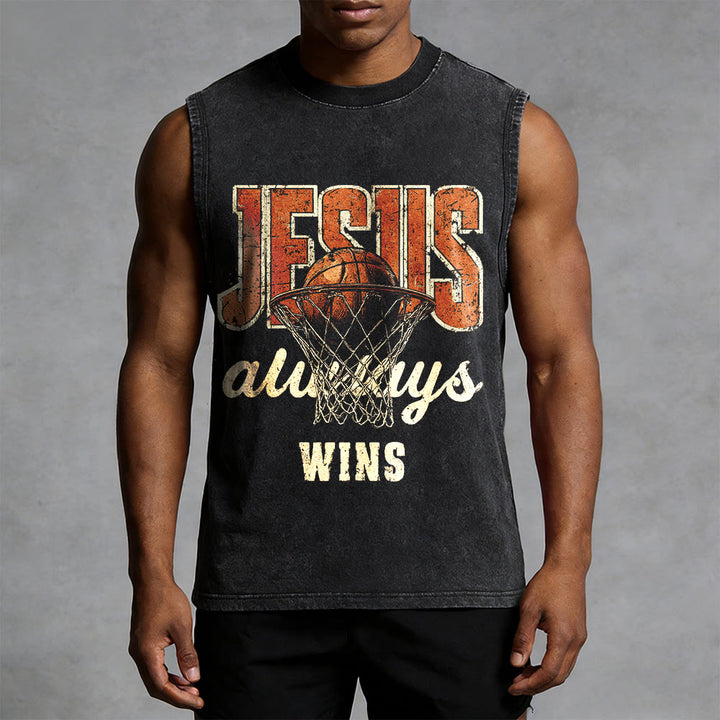 Christianartworkshop Jesus Always Wins Basketball Unisex Washed Tank Top - image 7