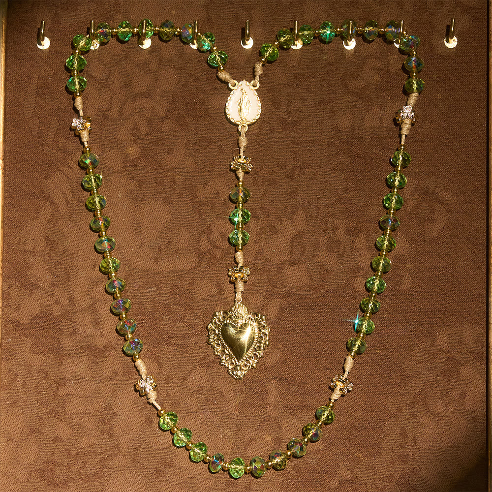 Christianartworkshop Lucky Clover & Sacred Heart Rosary with Green Iridescent Beads & Sacred Heart Medal - image 5