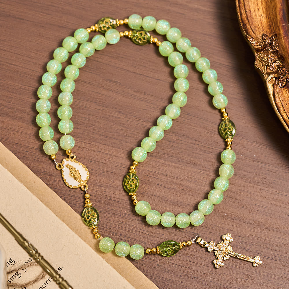 Christianartworkshop Celtic Blessing Shimmering Green Rosary: Lucky Shamrock with Golden Charm - image 3