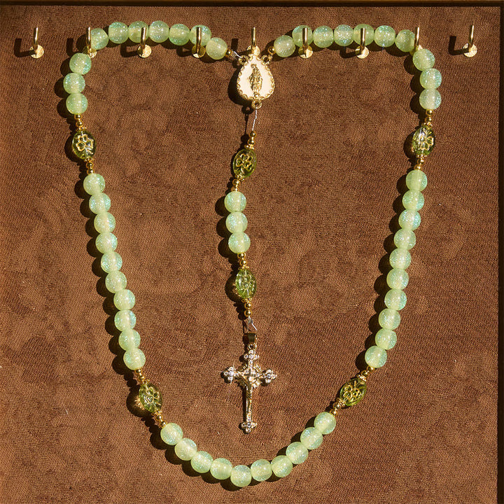Christianartworkshop Celtic Blessing Shimmering Green Rosary: Lucky Shamrock with Golden Charm - image 1