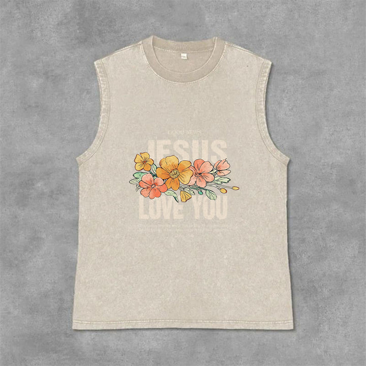 Christianartworkshop Jesus Loves You Floral Unisex Washed Tank Top - Beige - 2XL - image 6
