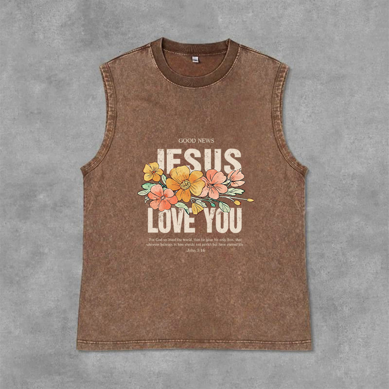 Christianartworkshop Jesus Loves You Floral Unisex Washed Tank Top - Brown - 2XL - image 12
