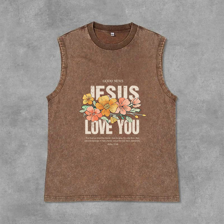 Christianartworkshop Jesus Loves You Floral Unisex Washed Tank Top - Brown - 2XL - image 12