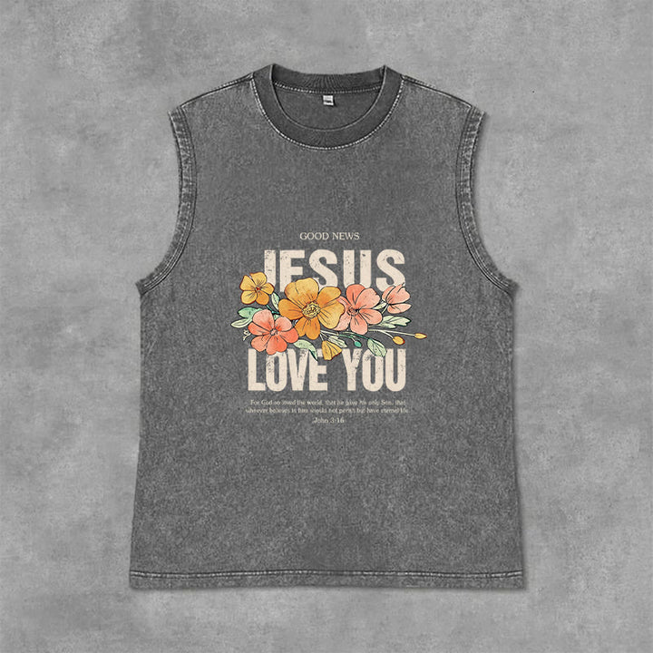 Christianartworkshop Jesus Loves You Floral Unisex Washed Tank Top - Grey - 2XL - image 9