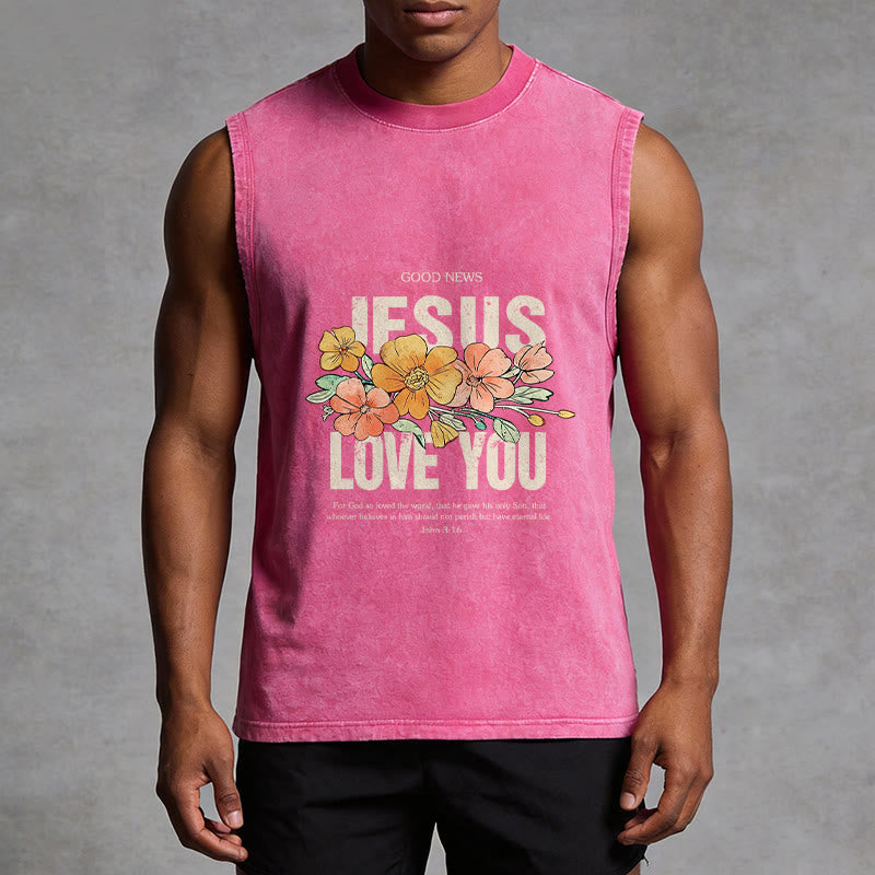 Christianartworkshop Jesus Loves You Floral Unisex Washed Tank Top - image 5