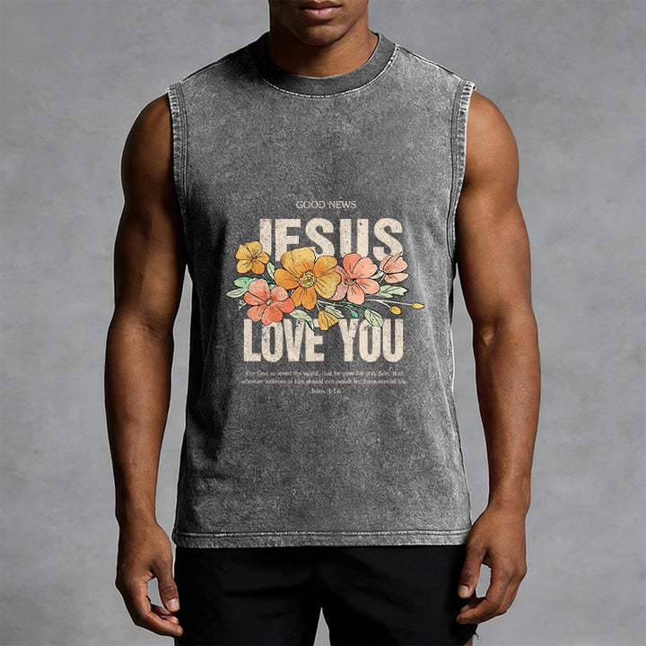 Christianartworkshop Jesus Loves You Floral Unisex Washed Tank Top - image 11