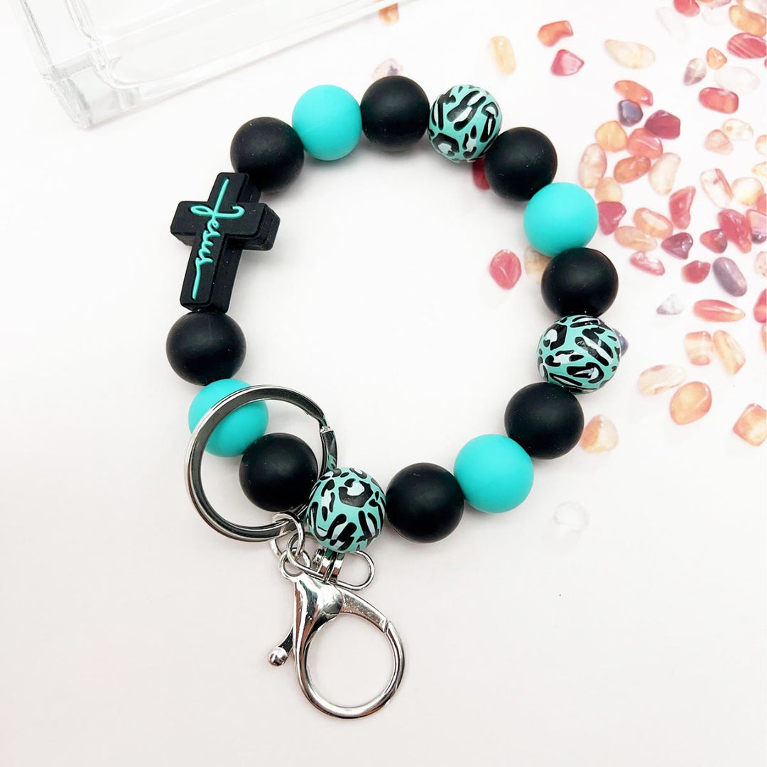 Christianartworkshop Rosary Keychain with Silicone Cross Charm & Leopard-Print Wooden Beads: Portable Devotion on the Go - Black - image 0