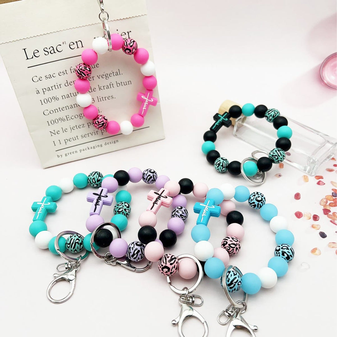 Christianartworkshop Rosary Keychain with Silicone Cross Charm & Leopard-Print Wooden Beads: Portable Devotion on the Go - image 2