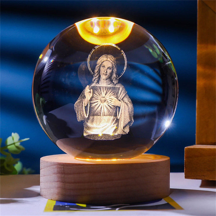 Christianartworkshop Sacred Crystal Ball Nightlight: Luminous Companion of Divine Presence - Jesus with Sacred Heart #2 - with Warm Light Base - 8cm - image 16