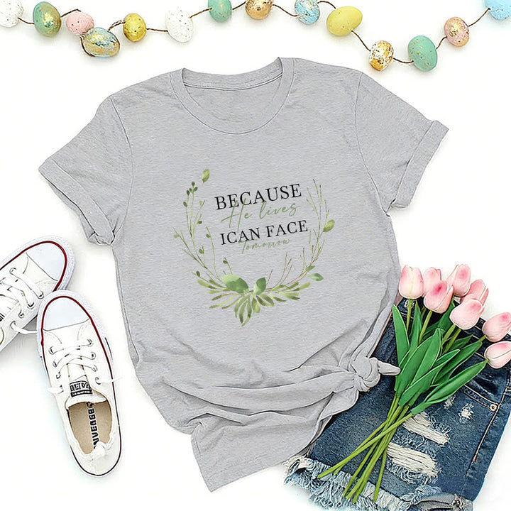 Christianartworkshop Because He Lives Greenery Wreath Premium T-Shirt - Grey - 2XL - image 8