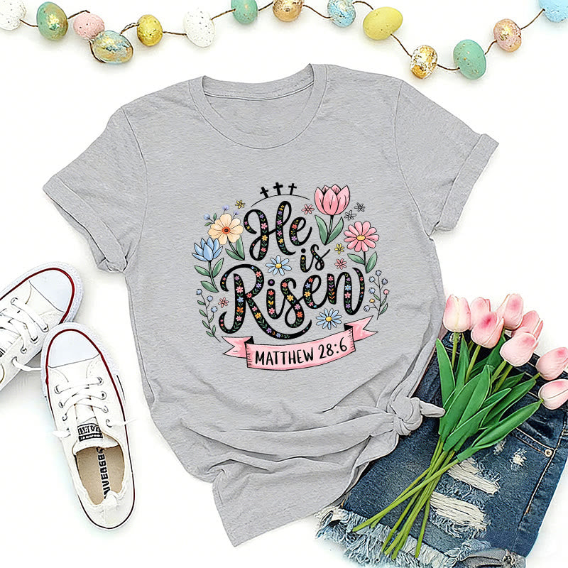 Christianartworkshop Vibrant Floral Wreath He Is Risen T-Shirt - Grey - 2XL - image 1