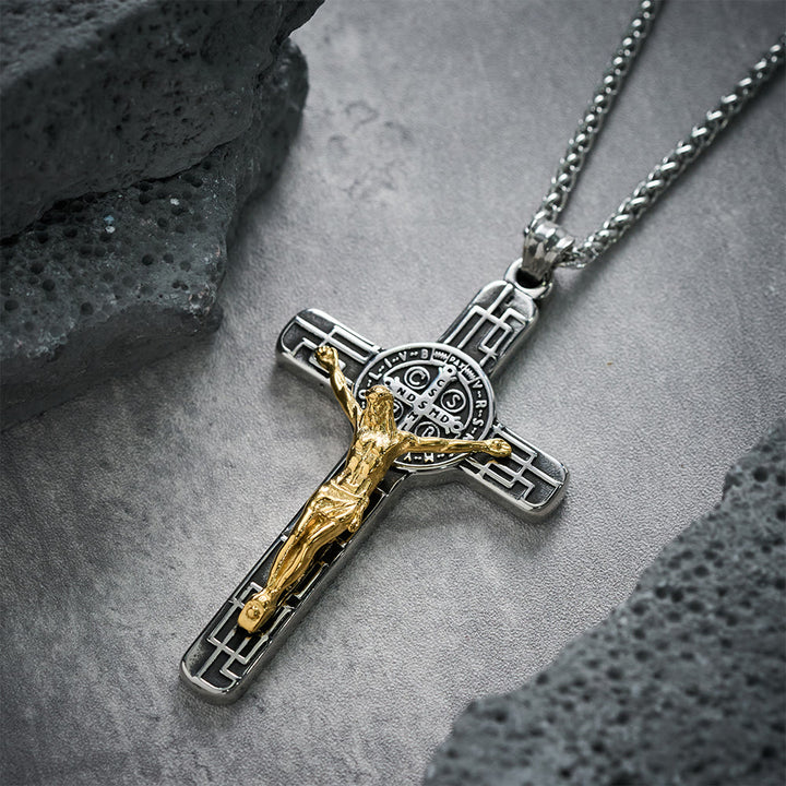 Christianartworkshop Classic Retro Style Crucifix St. Benedict Medal Protection Pendant Necklace - Silver-gold - image 0