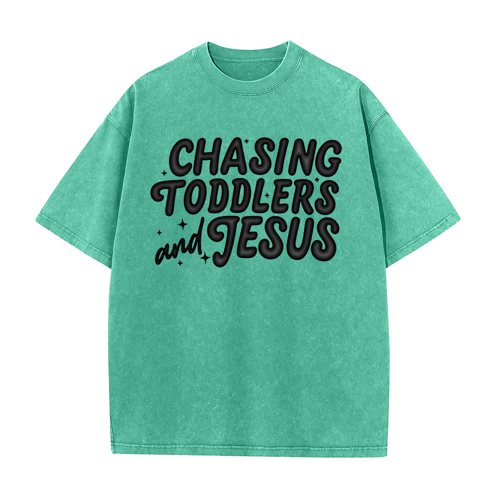 Christianartworkshop Chasing Toddlers and Jesus Bubble Letter Star Accent Unisex Washed T-shirt - Green - 5XL - image 12