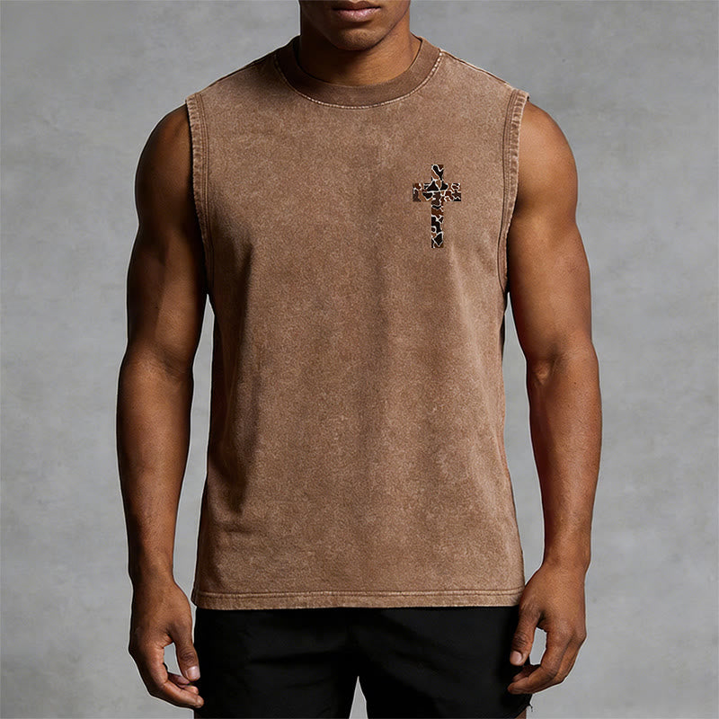 Christianartworkshop I Can Do All Things Through Christ Camo Cross Unisex Washed Tank Top - image 24